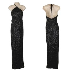Maniju Halter Neck Sequin Side Slit Maxi Dress Black Prom Small NWT Style UN2132